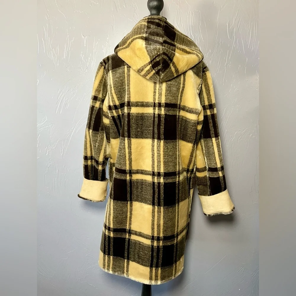 Vintage Y2K 90s Faux Suede Tan & Plaid Reversible Hooded Toggle Coat Jacket - Picture 9 of 13